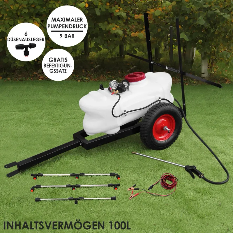 100L Sprühgerät Anhänger 12V – Robuster Pflanzensprüher mit 9 Bar Pumpendruck und großem Tank