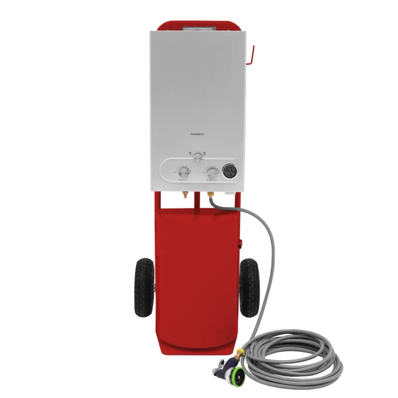 Tragbare Deluxe Pferdedusche Rot – Mobiles Pferde-Duschsystem mit 36 kW Gasboiler und 10 m Schlauch