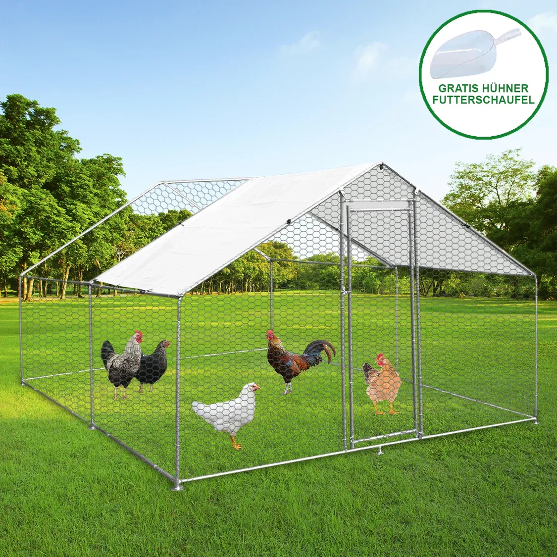 Hühnerfreilauf / Hühnerstall 3x4x2m mit verzinktem Stahlrahmen &amp; gratis UV-Sonnendach