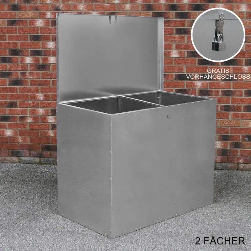 Verzinkter Futterbehälter 64 L, 2 Fächer mit abschliessbarem Deckel & Vorhängeschloss