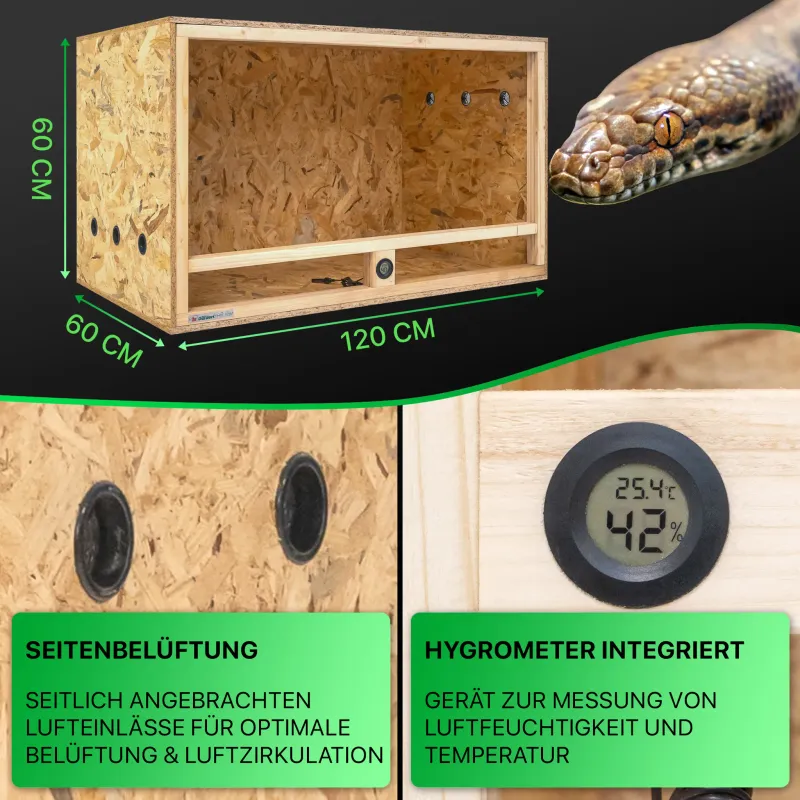 Holz Terrarium 120x60x60 cm mit Seitenbelüftung & integriertem Hygrometer, OSB-3