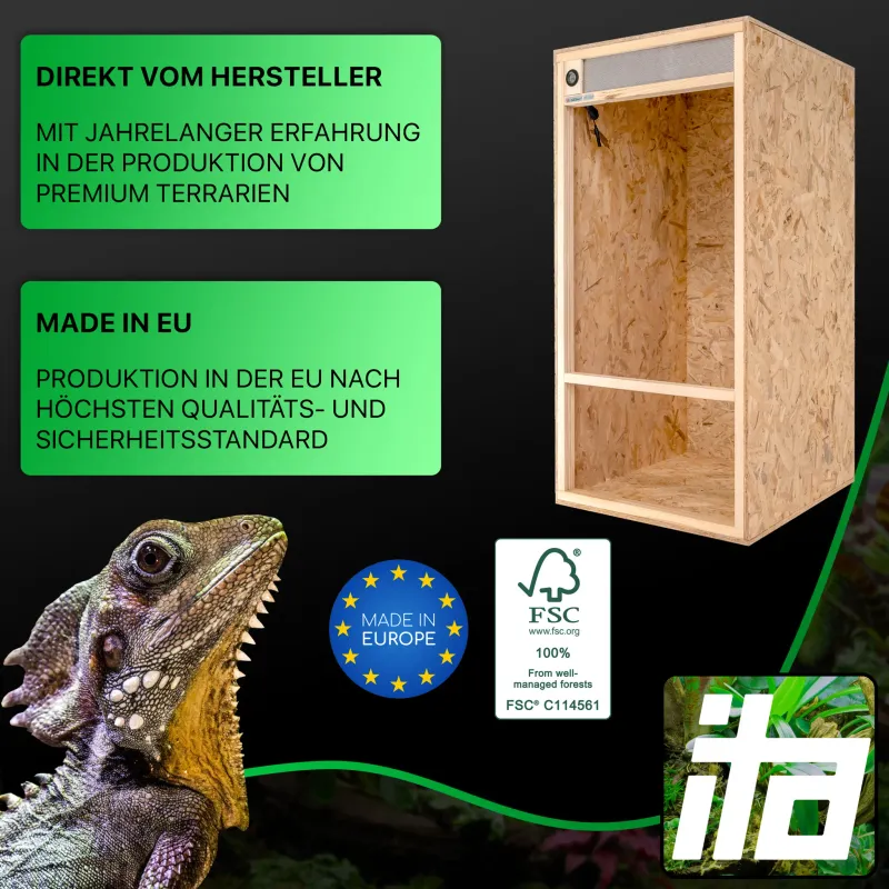 Hochterrarium 60x60x120 cm mit Frontbelüftung & integriertem Hygrometer, OSB-3