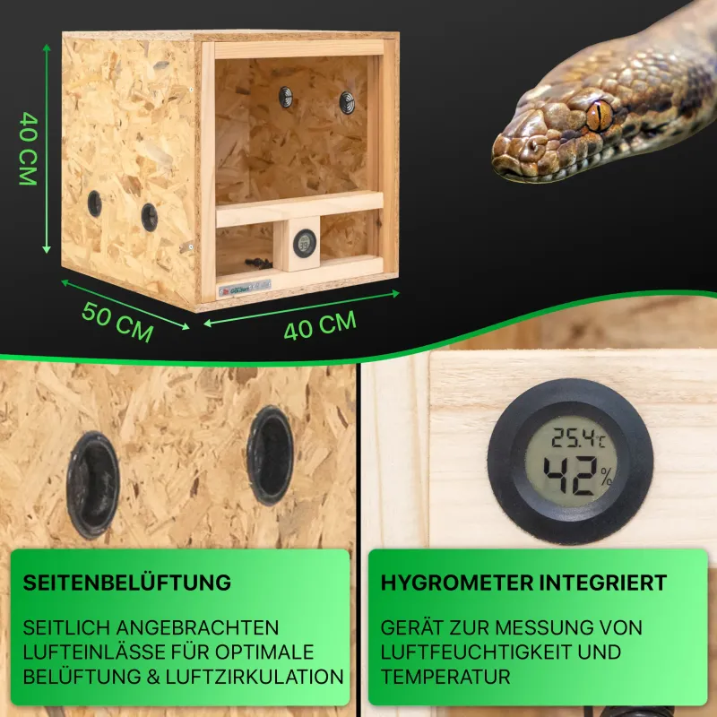 Mini Terrarium 40x40x40 cm mit Seitenbelüftung & integriertem Hygrometer, OSB-3