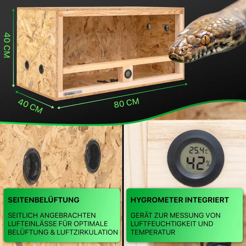 Holz Terrarium 80x40x40 cm mit Seitenbelüftung & integriertem Hygrometer, OSB-3