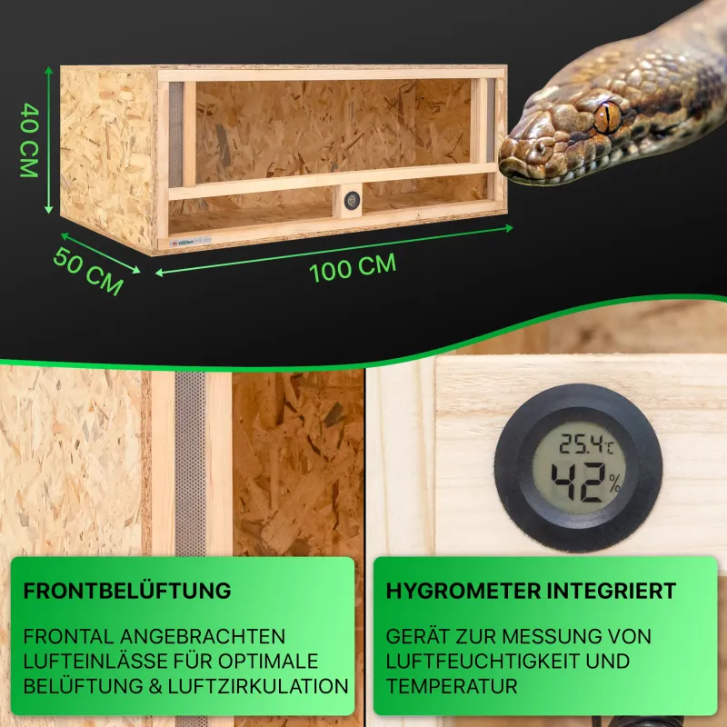 Holz Terrarium 100x50x40 cm mit Frontbelüftung & integriertem Hygrometer, OSB-3