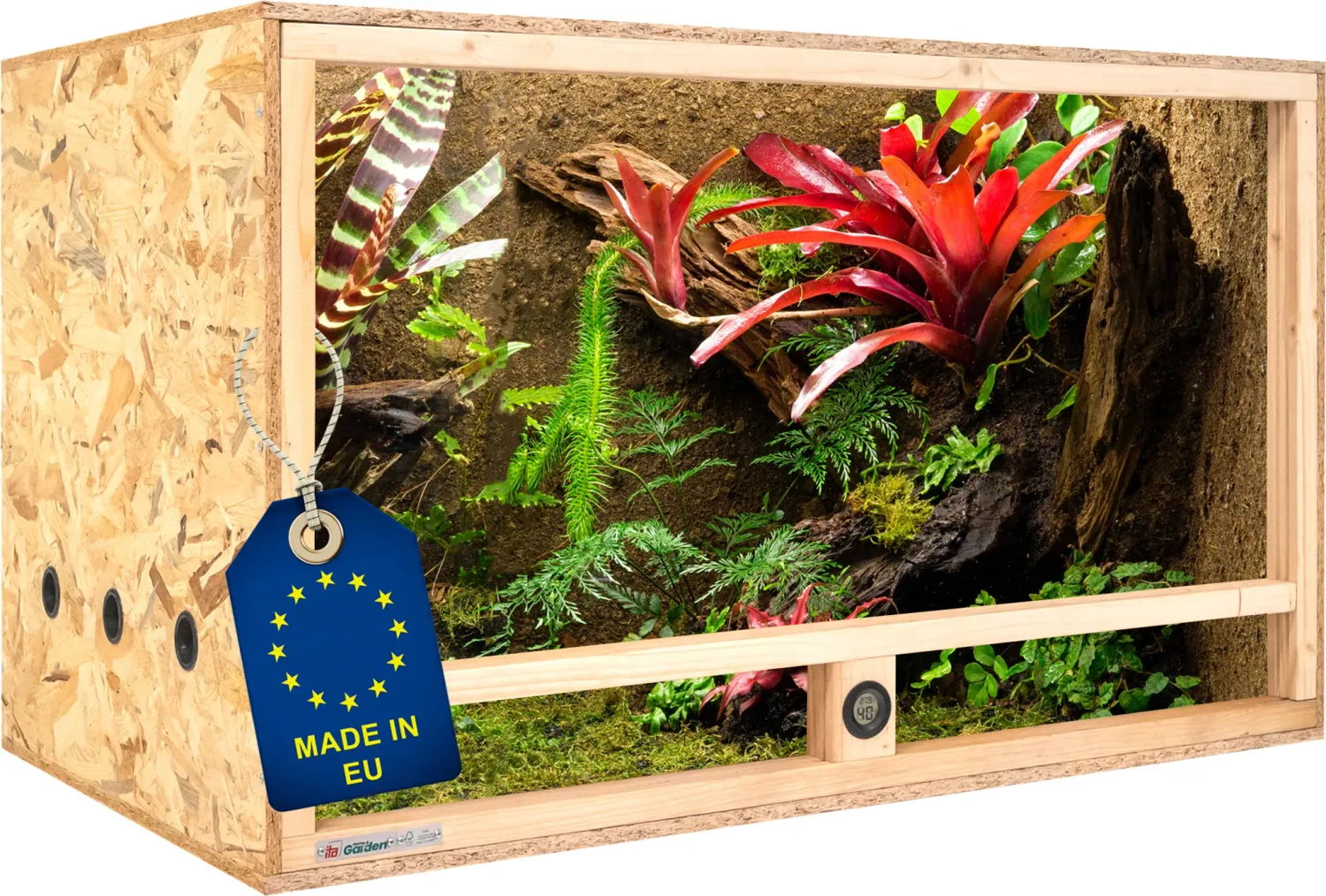 Holz Terrarium 100x60x60 cm mit Seitenbelüftung &amp; integriertem Hygrometer, OSB-3