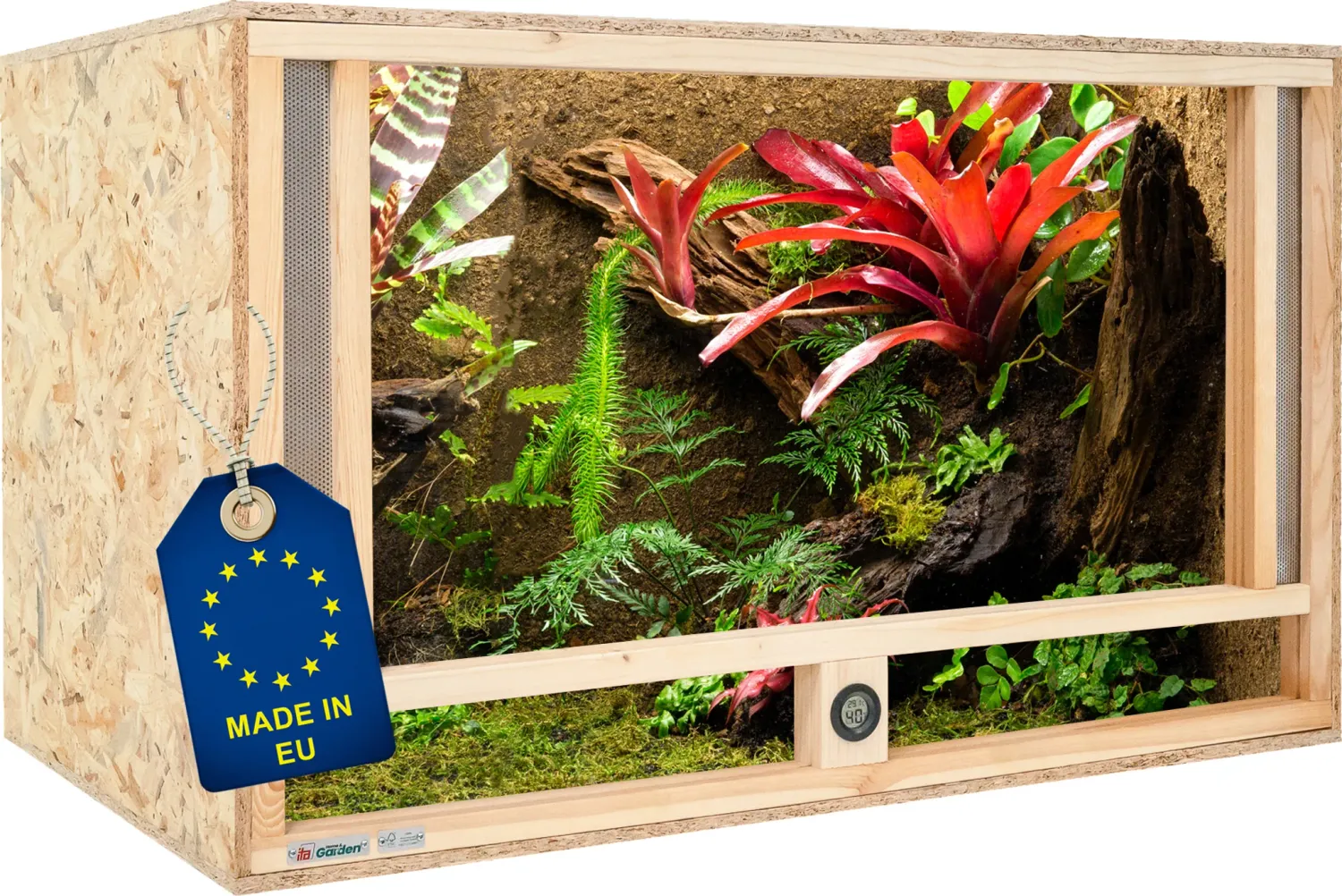 Holz Terrarium 120x60x60 cm mit Frontbelüftung &amp; integriertem Hygrometer, OSB-3