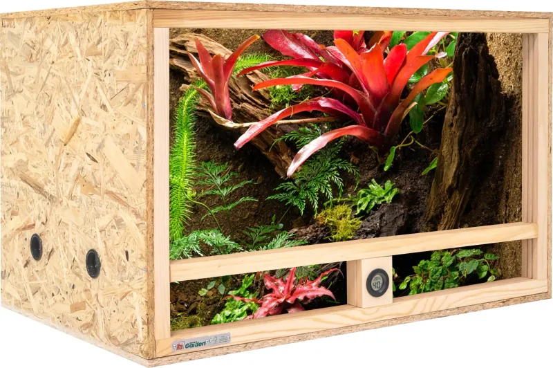 Holz Terrarium 80x50x50 cm mit Seitenbelüftung & integriertem Hygrometer, OSB-3