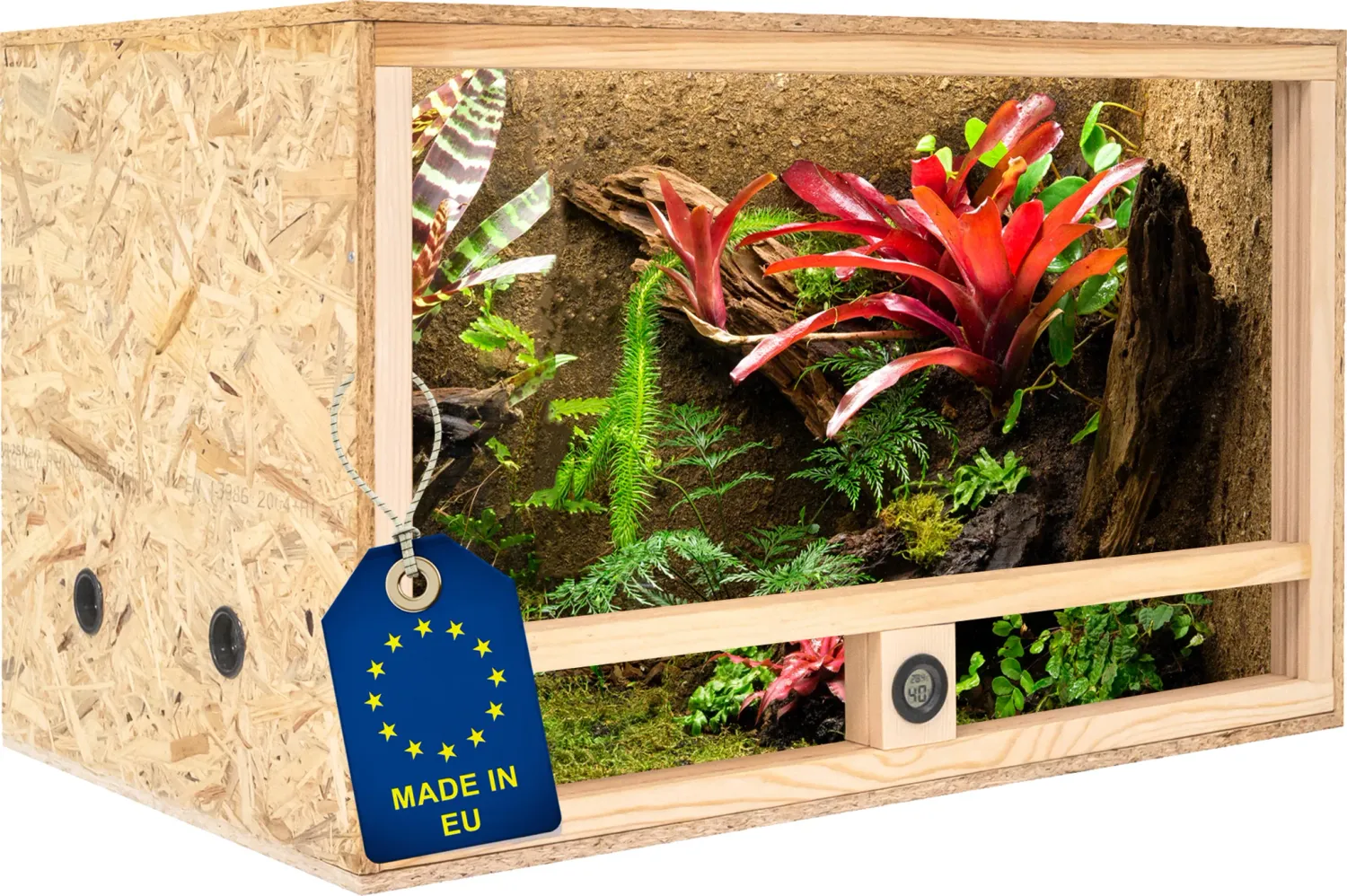 Holz Terrarium 80x50x50 cm mit Seitenbelüftung &amp; integriertem Hygrometer, OSB-3