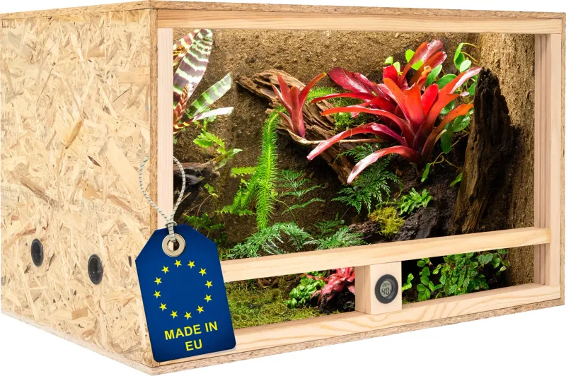 Holz Terrarium 80x50x50 cm mit Seitenbelüftung &amp; integriertem Hygrometer, OSB-3