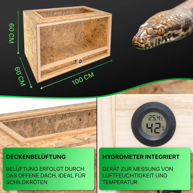 Holz Schildkröten-Terrarium 100x60x60 cm mit offenem Dach & integriertem Hygrometer, OSB-3