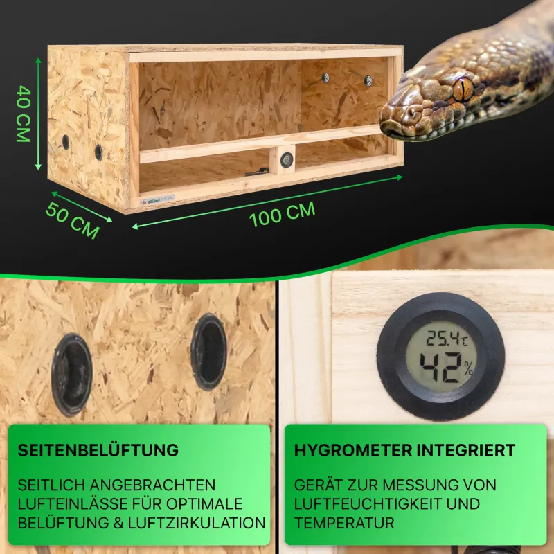 Holz Terrarium 100x50x40 cm mit Seitenbelüftung & integriertem Hygrometer, OSB-3