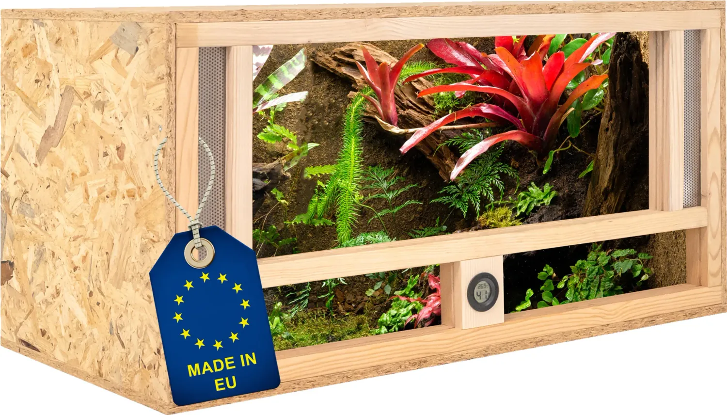 Holz Terrarium 80x40x40 cm mit Frontbelüftung &amp; integriertem Hygrometer, OSB-3