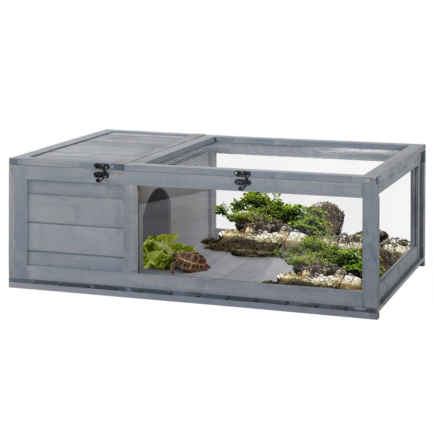 Terrarium Schildkrötenhaus 91x60,5x32 cm mit aufklappbarer Oberseite &amp; zwei Zonen, Holz