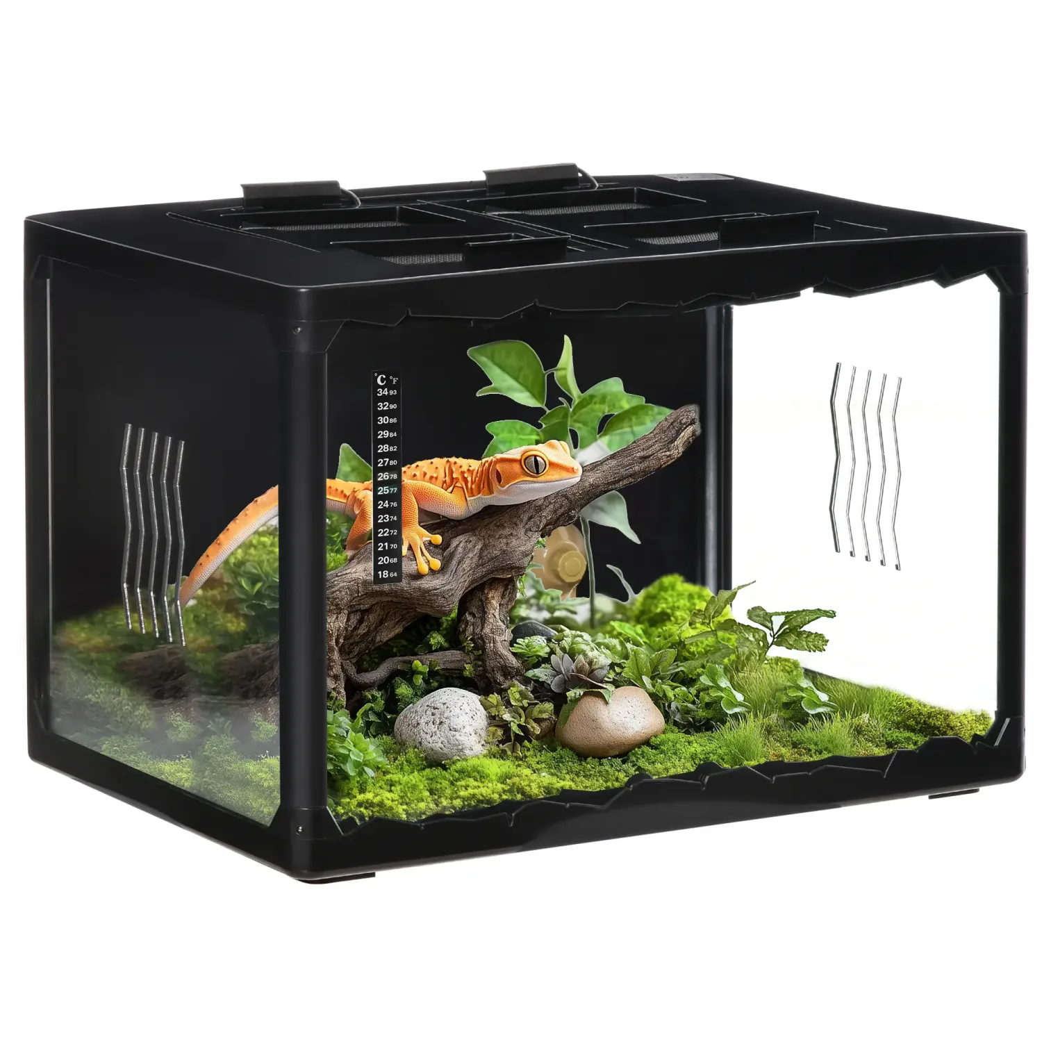 Terrarium 60x40x40,5 cm mit Thermometer, Lampenfassungen &amp; Metallgitter, Schwarz