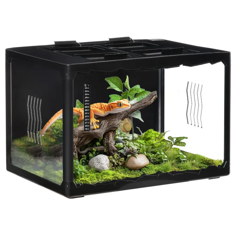Terrarium 60x40x40,5 cm mit Thermometer, Lampenfassungen &amp; Metallgitter, Schwarz