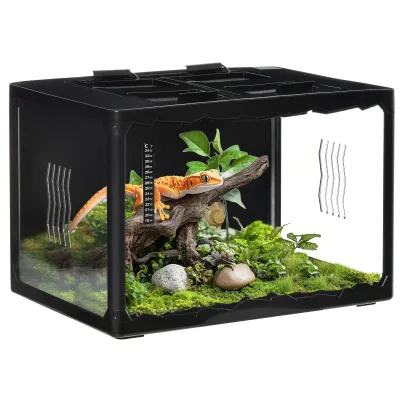 Terrarium 60x40x40,5 cm mit Thermometer, Lampenfassungen &amp; Metallgitter, Schwarz
