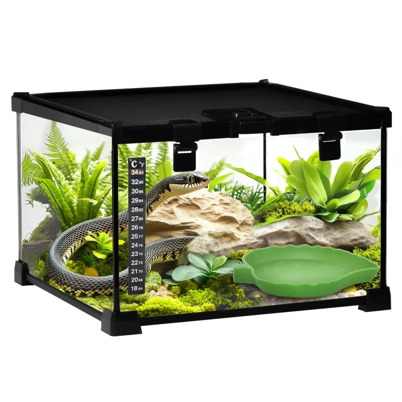 Glas-Terrarium 30x30x20 cm mit Verriegelung, Thermometer &amp; Drahtgitter, Schwarz