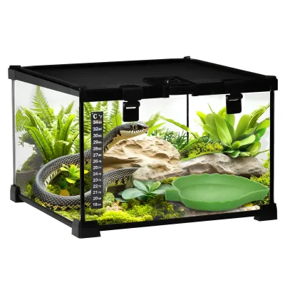 Glas-Terrarium 30x30x20 cm mit Verriegelung, Thermometer &amp; Drahtgitter, Schwarz