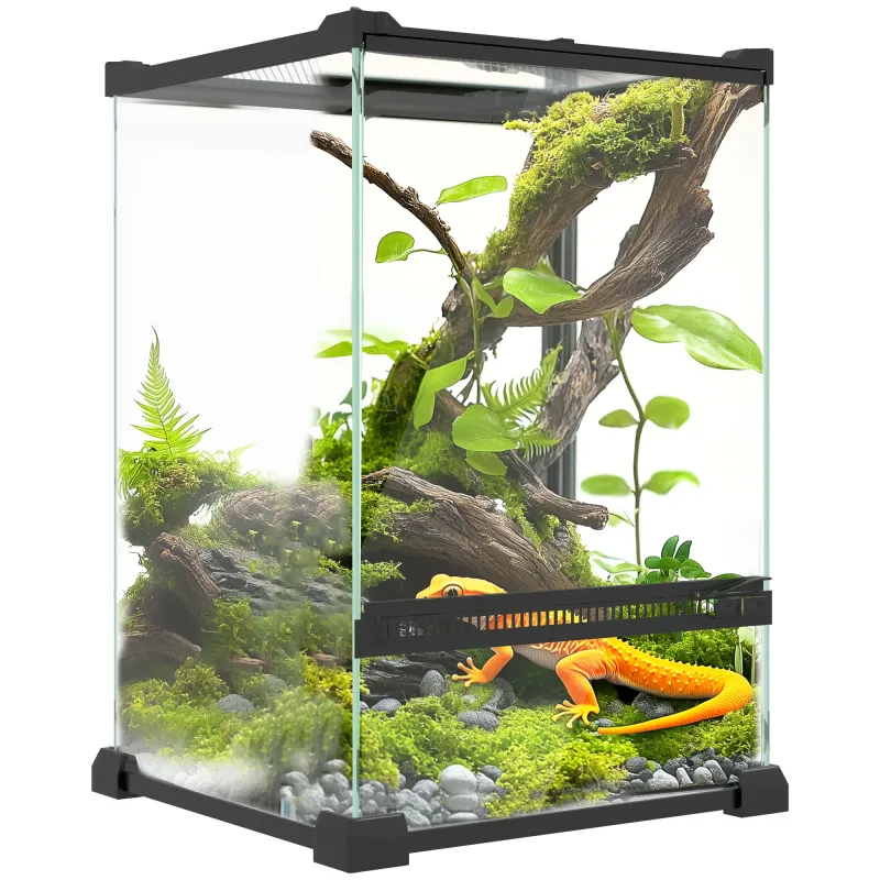 Glas-Terrarium 20x20x30 cm, 12 L mit Metallnetzdeckel &amp; Belüftung, Schwarz
