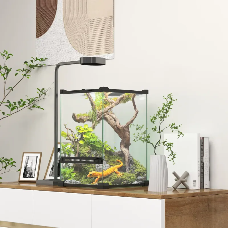 Glas-Terrarium 20x20x30 cm, 12 L mit Metallnetzdeckel & Belüftung, Schwarz