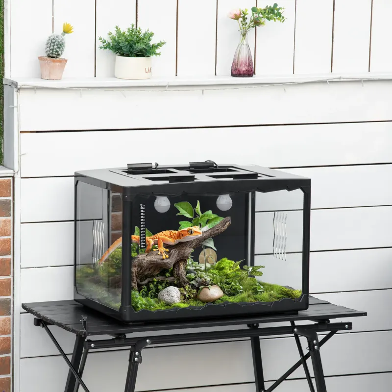 Terrarium 60x40x40,5 cm mit Thermometer, Lampenfassungen & Metallgitter, Schwarz