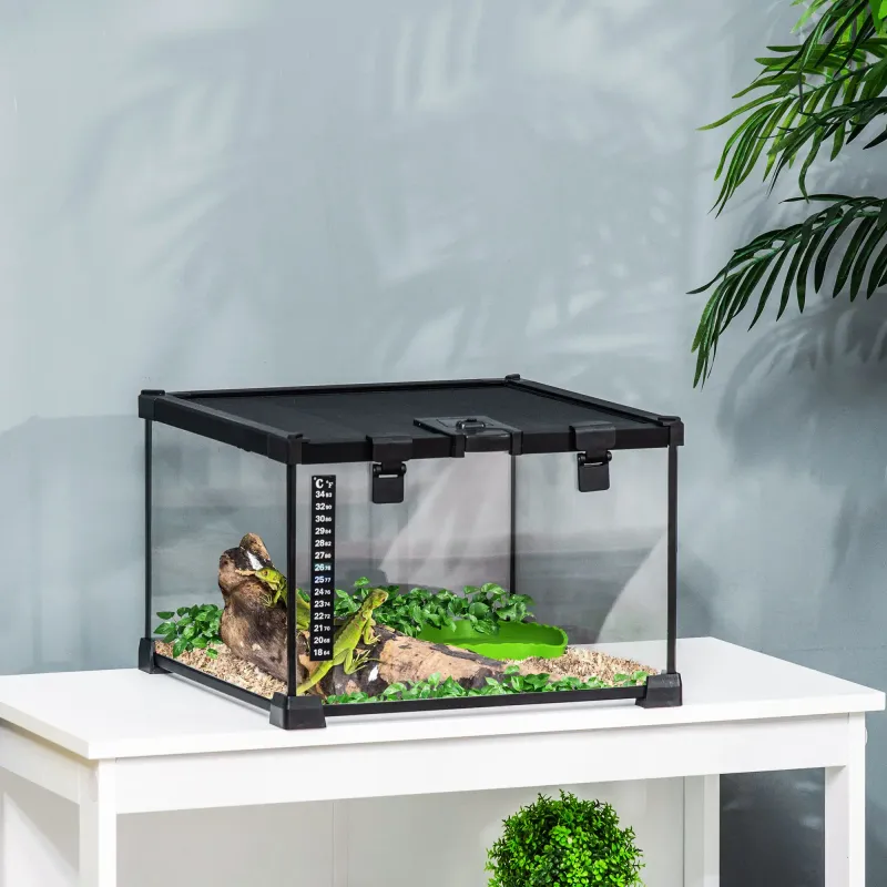 Glas-Terrarium 30x30x20 cm mit Verriegelung, Thermometer & Drahtgitter, Schwarz
