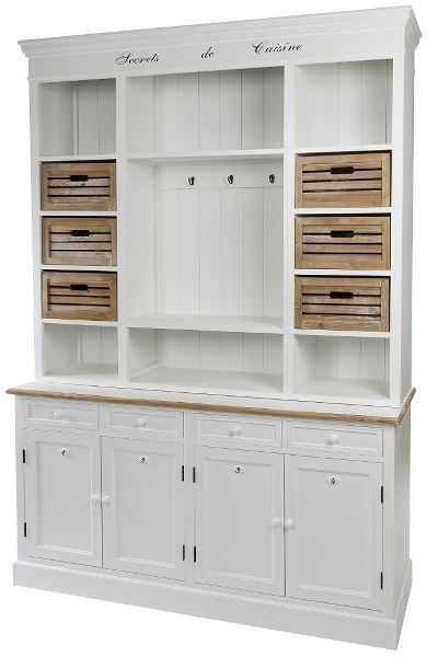 Anrichte Buffet &quot;Provence&quot; – Landhausstil, Holz/Weiss Antik, Holzkörbe, Haken