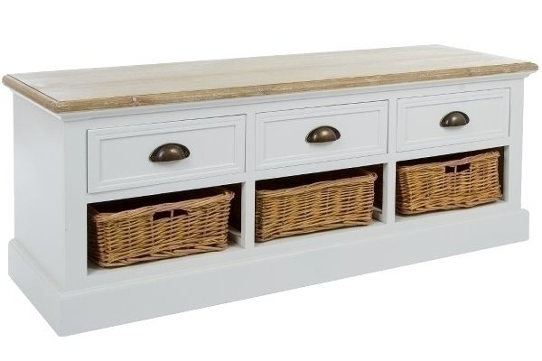 Sitzbank &quot;Toscana&quot; – Landhausstil, Antik Weiss/Holz, 3 Schubladen, 3 Rattankörbe