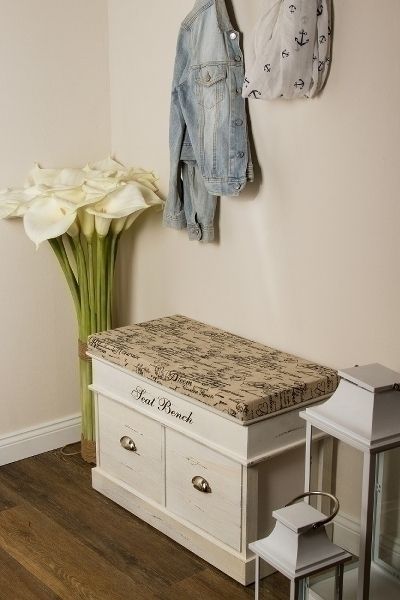 Sitzbank "Arne" – Shabby Chic, Antik Grau, 2 Schubladen, Holz, Gepolstert
