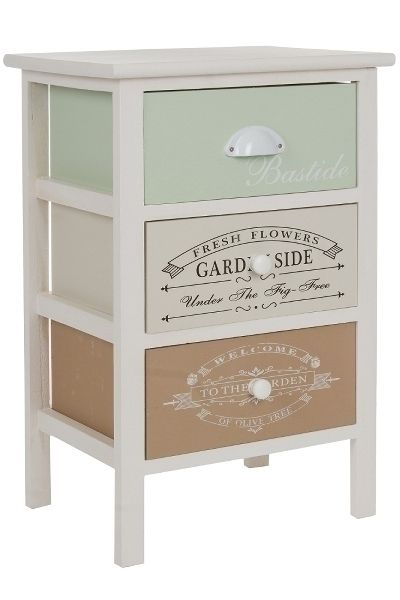 Nachttisch Kommode &quot;Milian&quot; – Landhausstil, Weiss Antik/Multicolor, 3 Schubladen