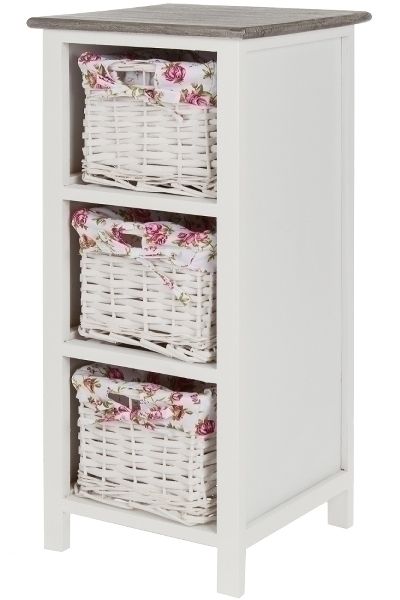 Nachttisch Kommode &quot;Toujours&quot; – Weiss Rosé, 3 Schubkörbe, Pinus Massoniana