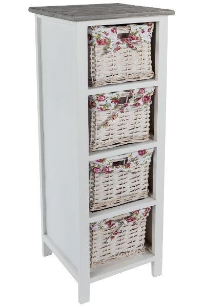 Nachttisch Kommode &quot;Toujours&quot; – Weiss Rosé, 4 Schubkörbe, Pinus Massoniana