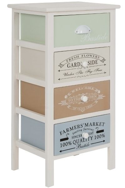 Nachttisch Kommode &quot;Milian&quot; – Landhausstil, Weiss Antik/Multicolor, 4 Schubladen