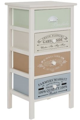Nachttisch Kommode &quot;Milian&quot; – Landhausstil, Weiss Antik/Multicolor, 4 Schubladen