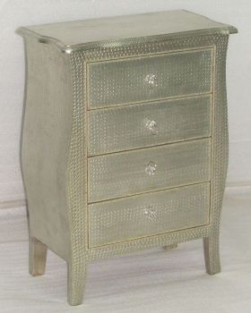 Kommode mit 4 Schubladen – Holz, gebogene Seiten, Hammered Design, Weiss, Metallverkleidung