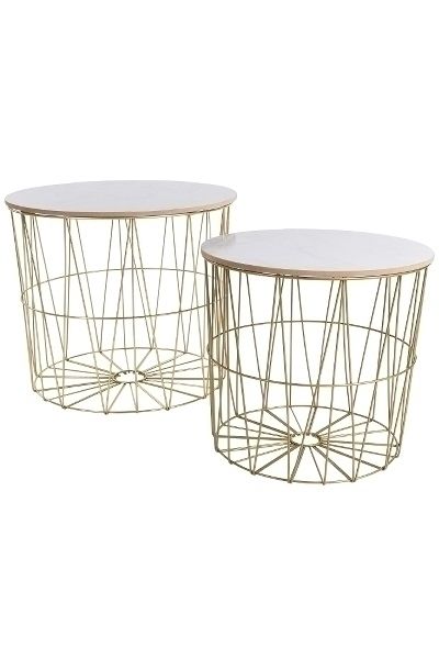 2-teiliges Metalltisch-Set Marble – Gold, Weiss-Hellgrau, Marmoroptik, Geometrisch