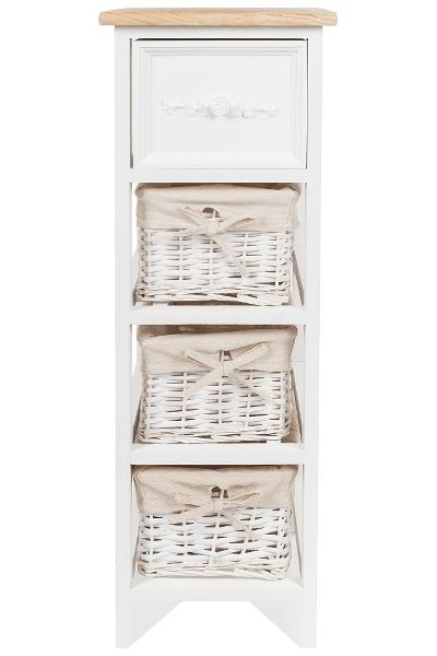 Kommode mit 1 Schublade &amp; 3 Rattan Körben – Landhausstyle, Weiss