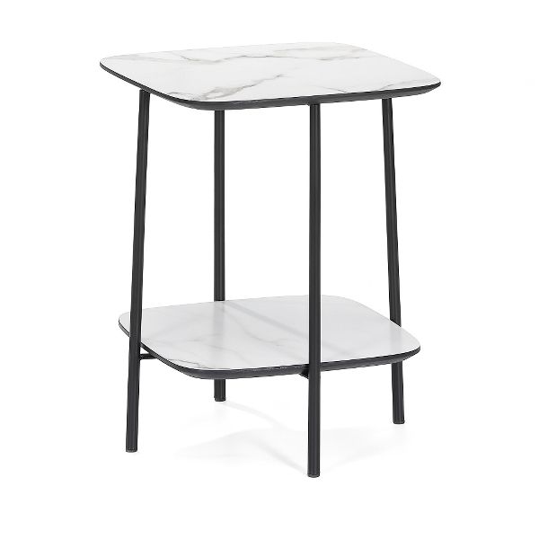 Beistelltisch Ticino – Weisses Marmorfurnier, schwarze Metallbeine, modern