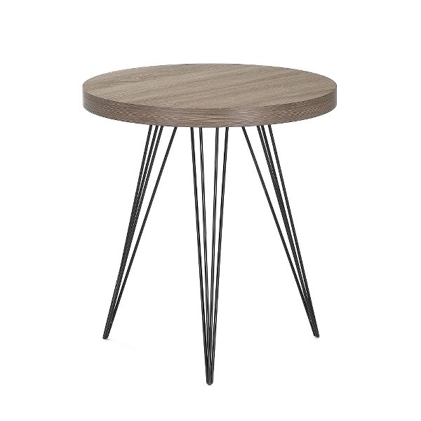 Beistelltisch Luzern – Rund, hellgraues Eichenfurnier, schwarze Metallbeine