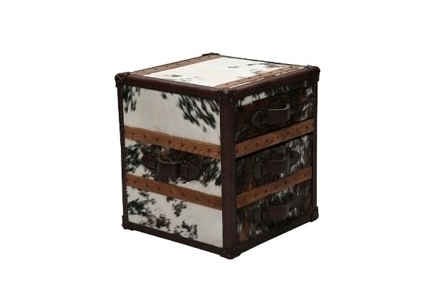 Stonyhurst Lampentisch – Kuhfell, antike Eiche, 2 Schubladen