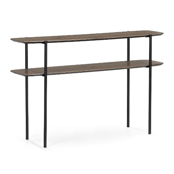 Konsolentisch Wien – Taupenbraun, Pinienfurnier, Schwarze Metallbeine