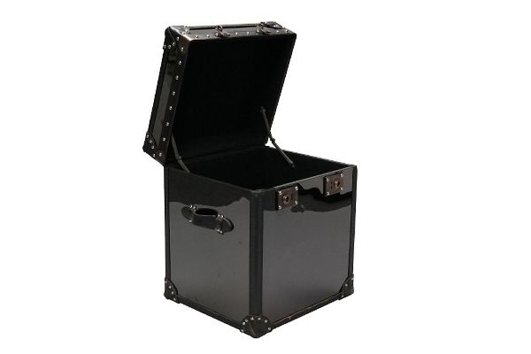 London Truhe BLACK-STEEL – Schwarzes Rindsleder, Metallverschlüsse, moderner englischer Stil