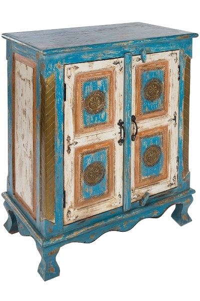 Antike Holzkommode Almirah – Curved Design, türkisfarbene Highlights, 2 Türen