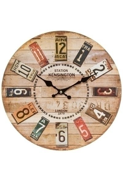 Wanduhr Station Kensington MDF, farbige Stundenanzeigen, schwarze Metallzeiger, 4x34x34 cm