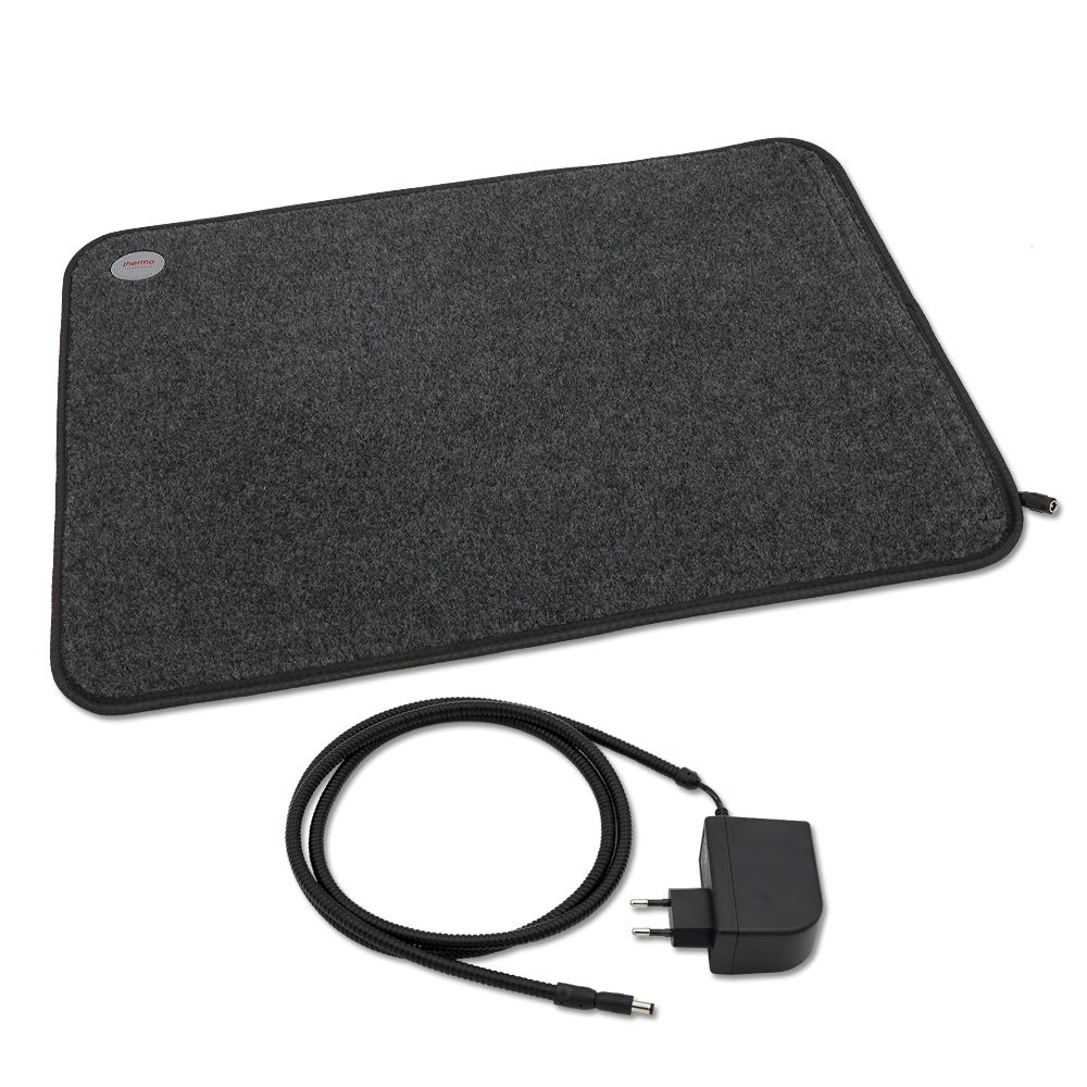 Wärmeplatte Heizmatte für Hunde / Haustiere Filz 40x60 cm, 230/24V mit Trafo, Bissschutz, absteckbares Kabel