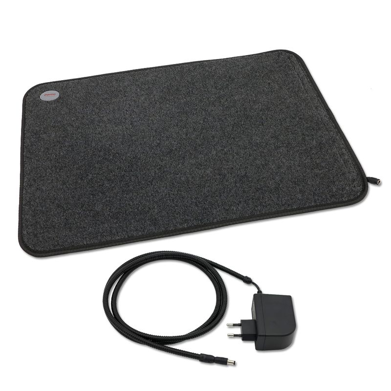 Wärmeplatte Heizmatte für Hunde / Haustiere Filz 40x60 cm, 230/24V mit Trafo, Bissschutz, absteckbares Kabel