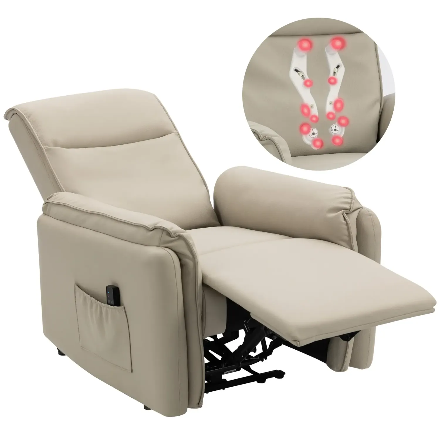 Electric massage recliner, kneading, footrest, faux leather beige, 86 x 92 x 102 cm