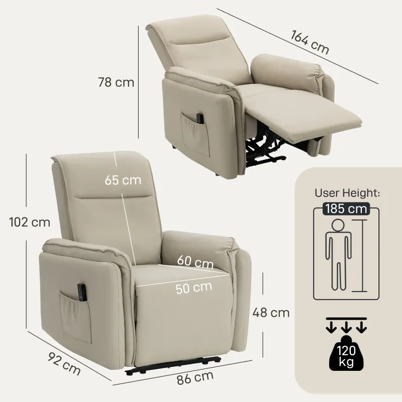 Elektrischer Massagesessel mit 3D-Rückenmassage, Kunstleder, Fussstütze & Seitentasche, beige, elektrisch verstellbar