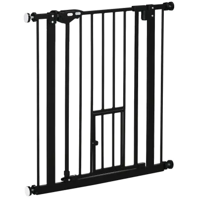 Hundegitter mit Katzenklappe 74–80 cm, schwarz, Druckmontage, automatische Schliessung